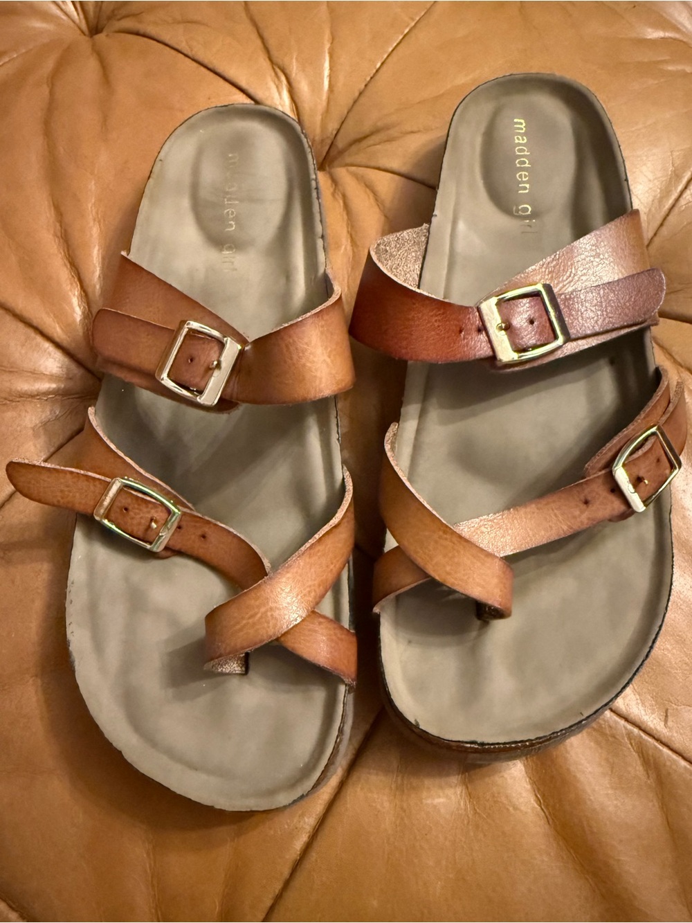 Madden Girl Brown Leather Double-Buckle Slide Sandals